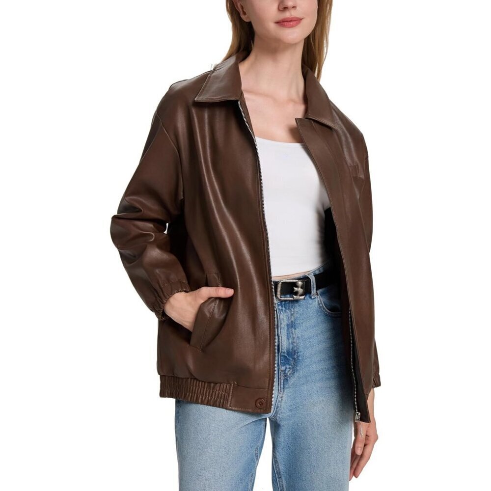 🆕Women's Brown Faux Leather Zip-Up Jacket with Elastic Cuffs and Hem
